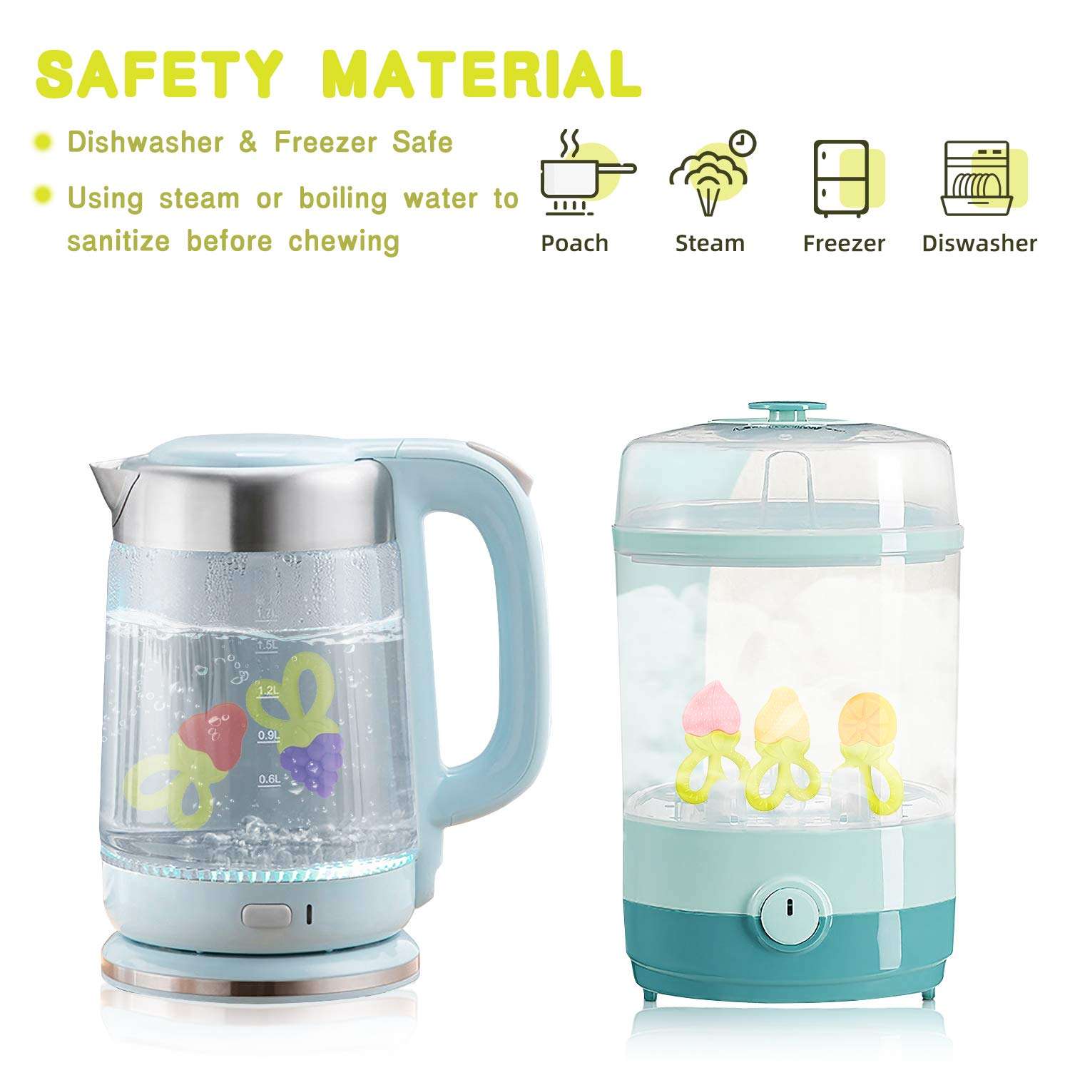 SHARE AND CARE steam sterilizer and electric kettle with silicone baby teether UAE shown inside for safe sterilizing