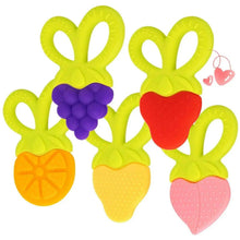 Colorful silicone fruit baby teethers with textured ring handles