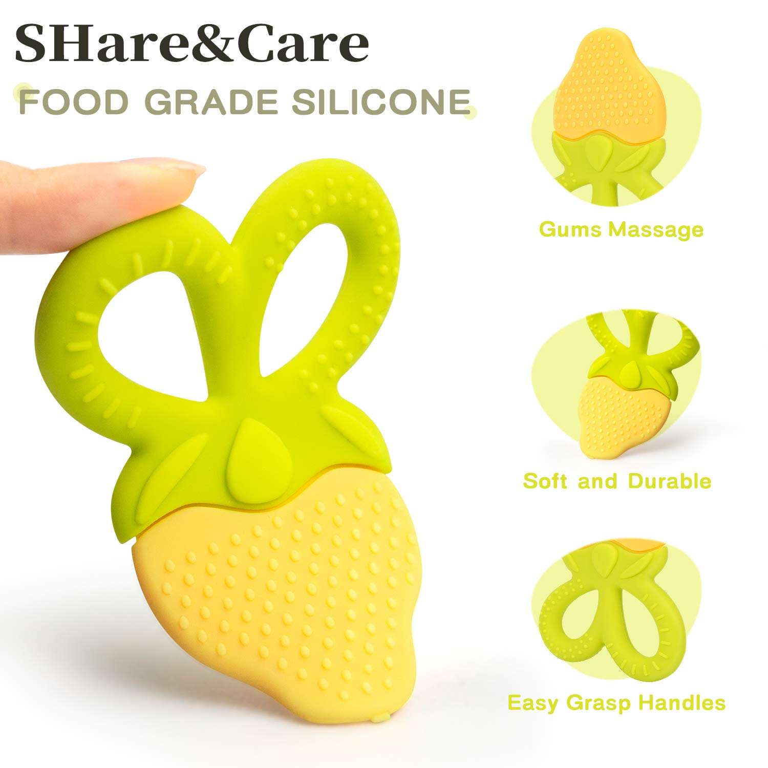SHARE and CARE green and yellow strawberry silicone baby teether UAE with easy grasp handles and gum massage