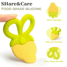 Yellow and green silicone fruit baby teether with textured bumpy surface