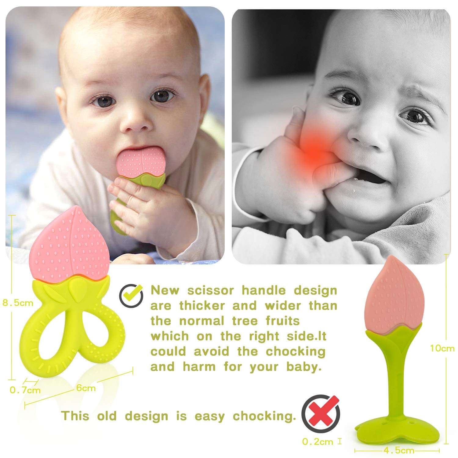 SHARECARE silicone baby teether UAE strawberry shaped pink teether with green scissor handle shown with baby chewing
