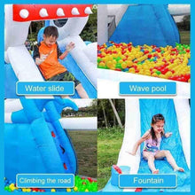 Inflatable shark bounce and slide play set with blue slide and red wave pool