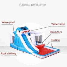 Inflatable shark play slide with blue slide, wave pool base, and attached bouncers