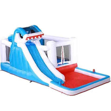Inflatable shark-themed water slide with blue chute, white rails, and red landing base