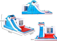 Inflatable shark water slide with blue slide, white supports, and red base platform