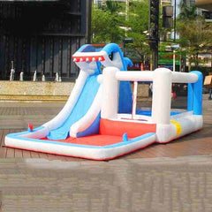 Huitich inflatable bounce shark themed water slide for kids with blue slide and red base