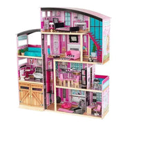 Multi-level dollhouse with arched roof, pink and teal rooms, and detailed miniature furniture