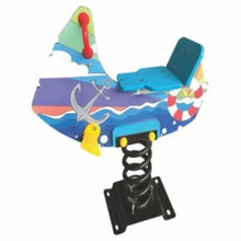Kids spring ride seesaw with painted ship hull, blue seat, and black coil base