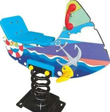 Kids spring ride with blue ship seats, purple hull, anchor detail, and black spring