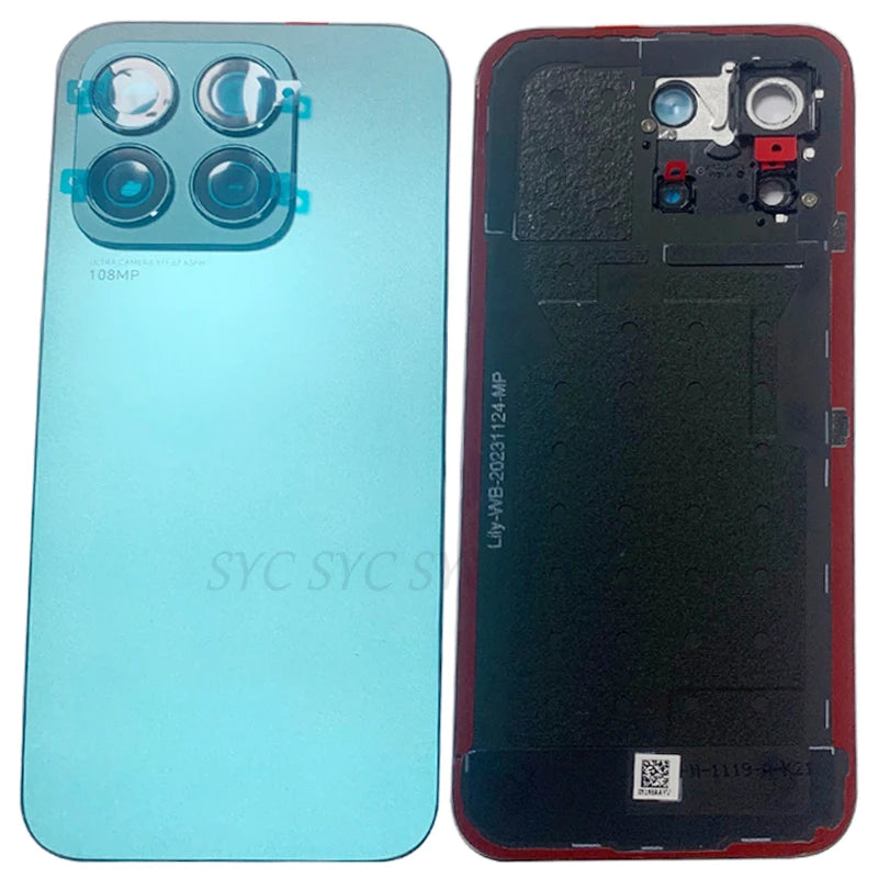 Mumzar Honor X8B battery cover replacement teal rear panel showing camera lens cutouts and adhesive interior