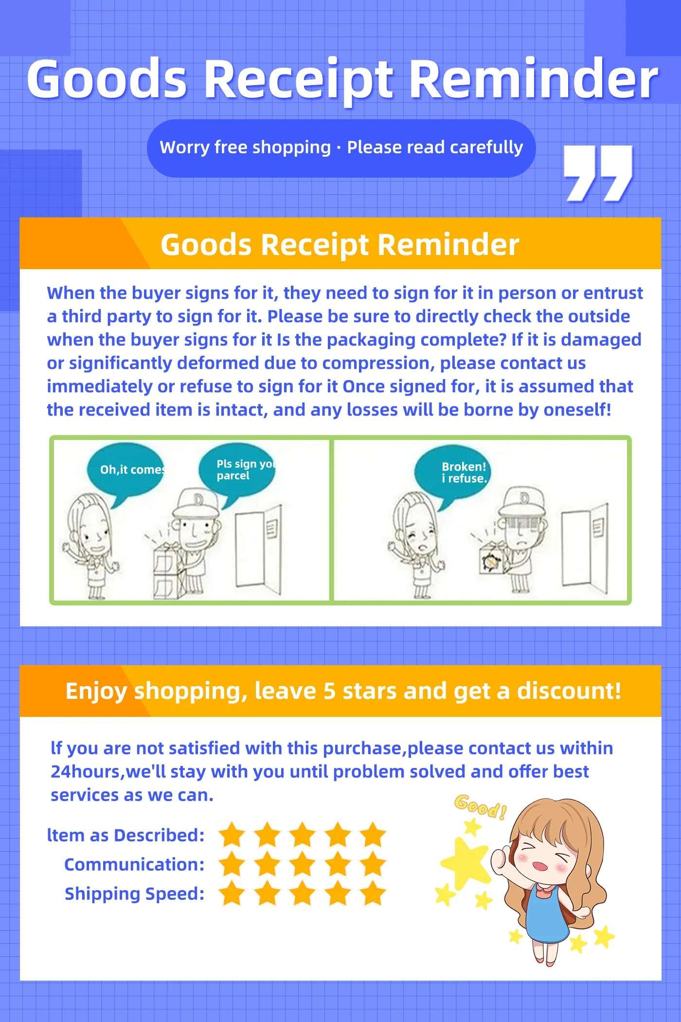 Oppo Reno8 Pro 5G used for sale UAE goods receipt reminder infographic with delivery sign instructions and 5 star prompt