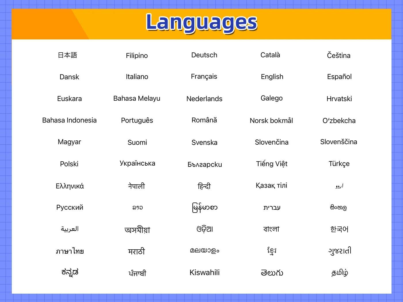 Languages selection grid poster with many language names and header Languages for Oppo Reno8 Pro 5G used for sale UAE listing