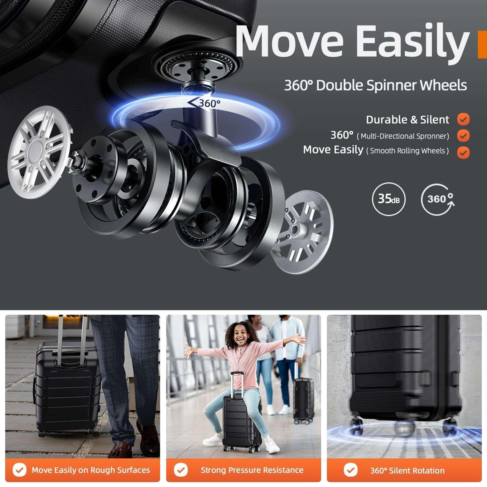 Black spinner suitcase with four dual wheels and side handle, wheel close-up