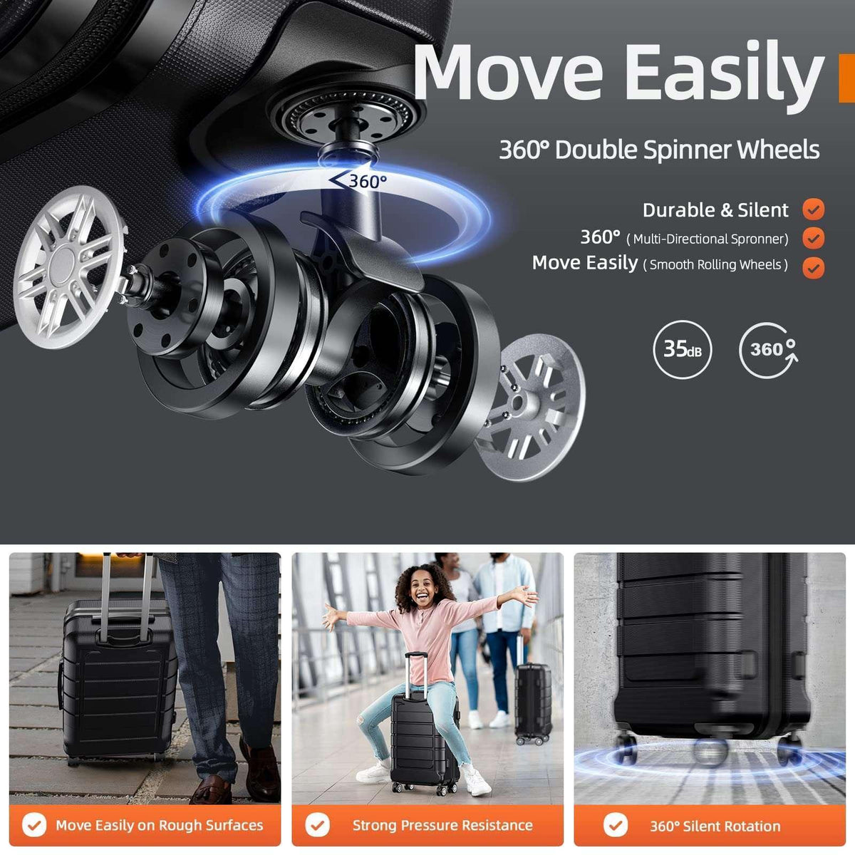 Black spinner suitcase with four dual wheels and side handle, wheel close-up