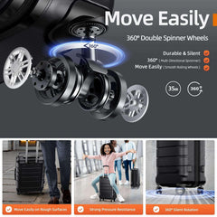 Black spinner suitcase with four dual wheels and side handle, wheel close-up