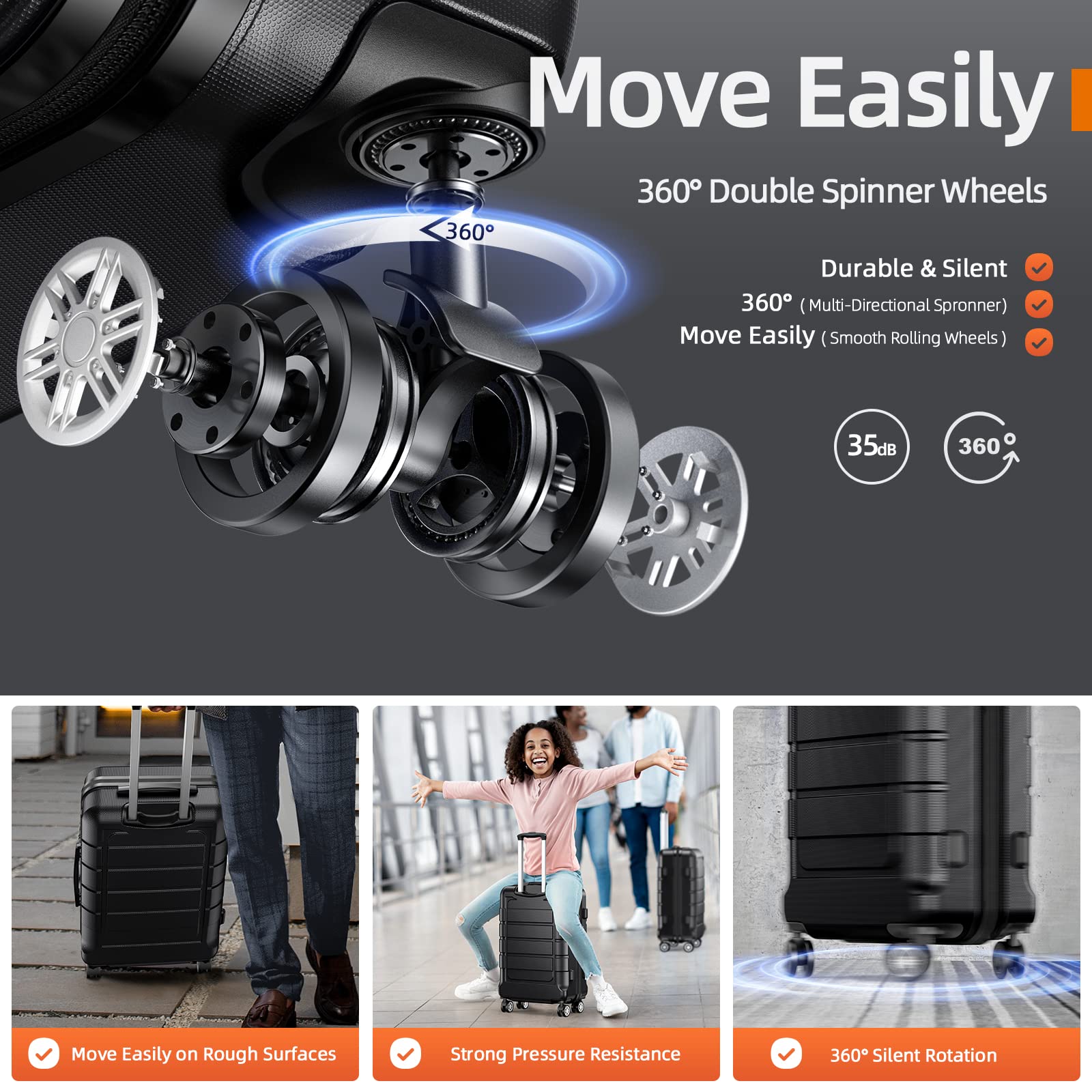 28 inch spinner suitcase with 360 degree double spinner wheels for smooth silent rotation and strong pressure resistance