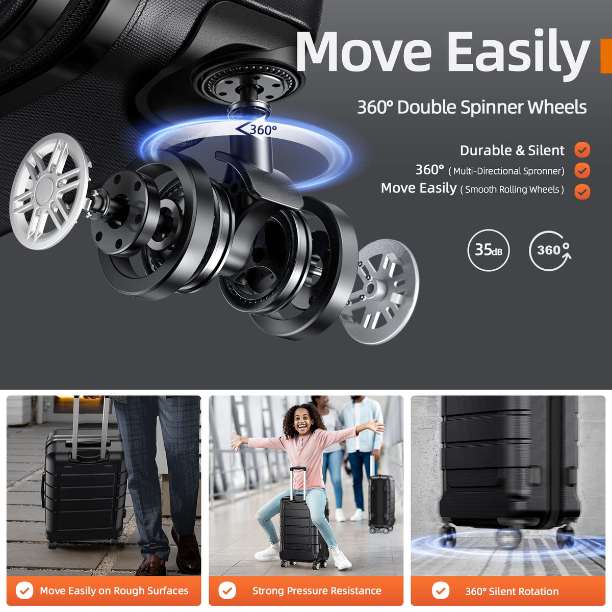 28 inch spinner suitcase with 360 degree double spinner wheels for smooth silent rotation and strong pressure resistance