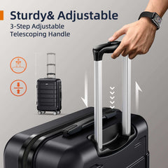 Black hard-shell spinner suitcase with telescoping handle extended and wheels visible