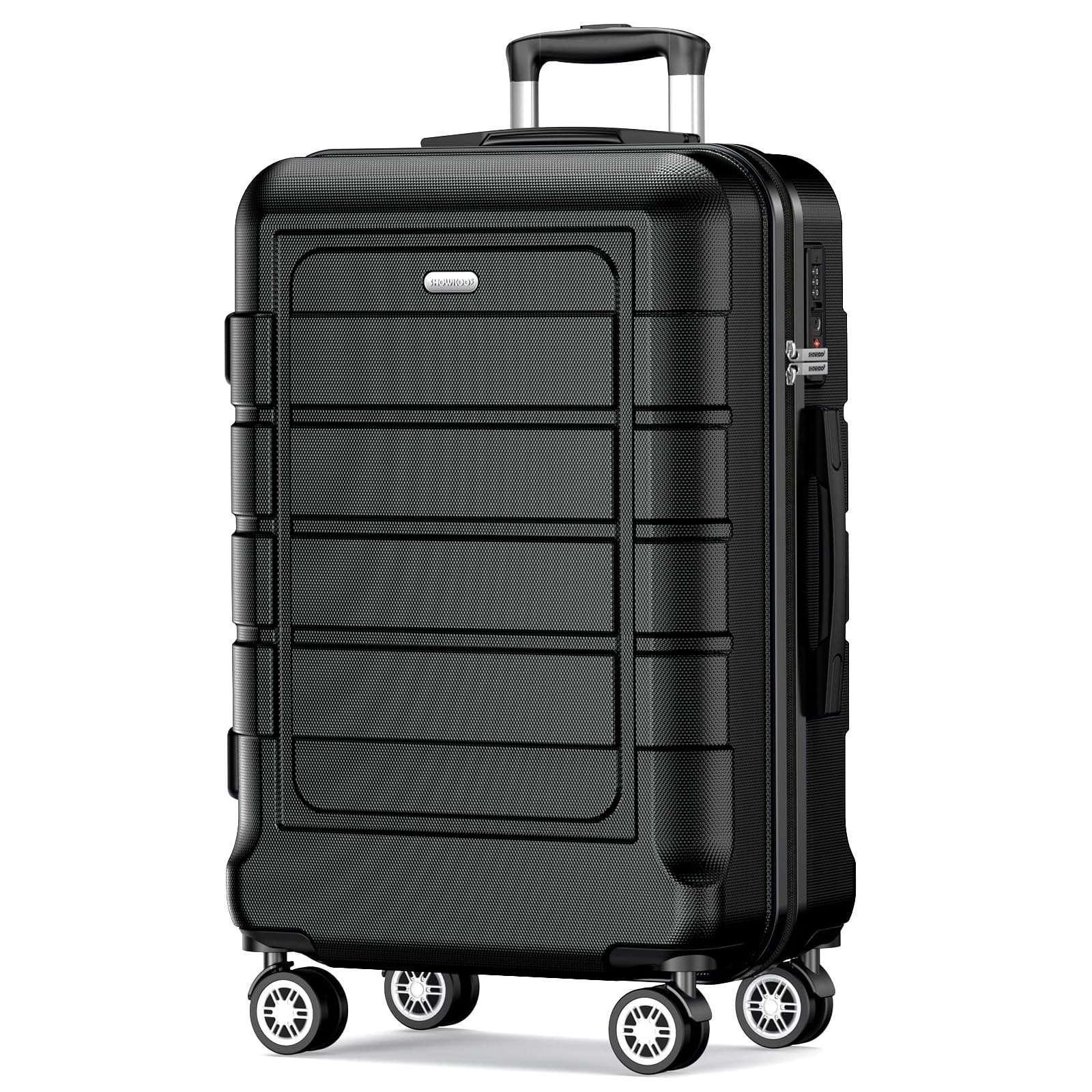 Black hard-shell spinner suitcase with top handle, front panel, and four wheels