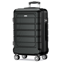 Black hard-shell spinner suitcase with top handle, front panel, and four wheels