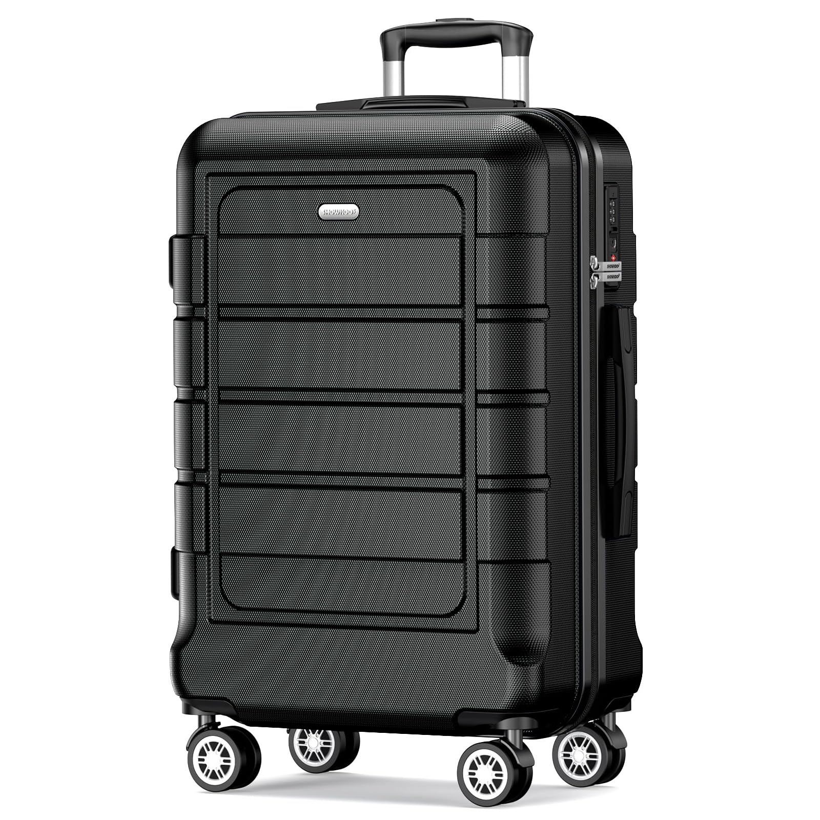 Black 28 inch spinner suitcase with four wheels and telescopic handle from SHOWKOO Store