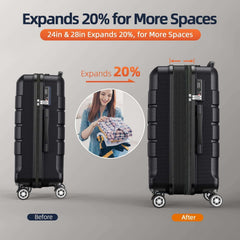 Black expandable spinner suitcase with side handle and visible expansion seam