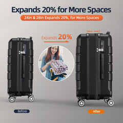 28 inch spinner suitcase in black showing before and after 20 percent expansion for more packing space