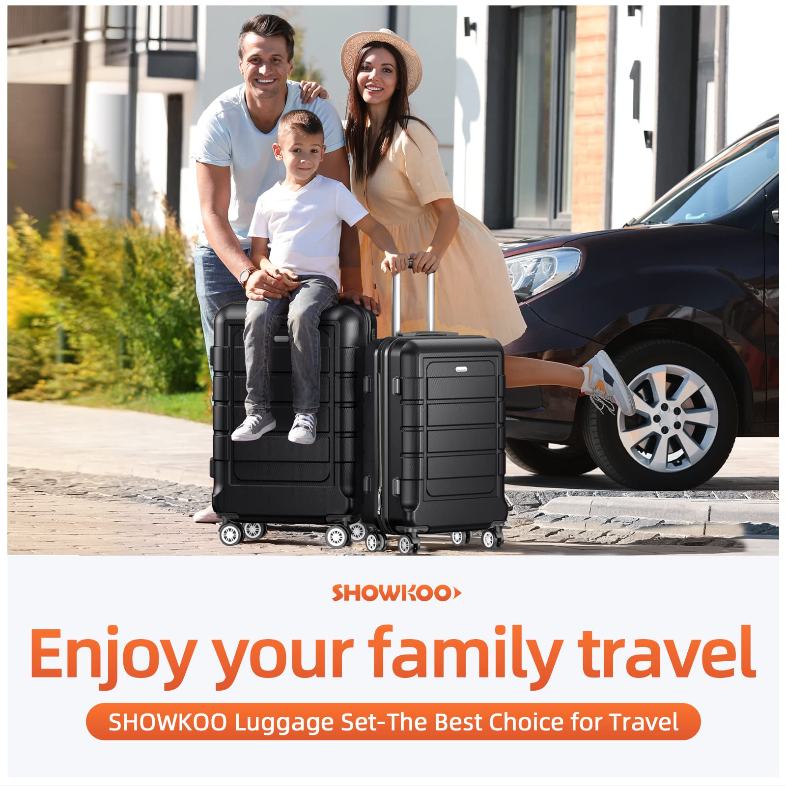 Family using black 28 inch spinner suitcase set from SHOWKOO Store for travel convenience