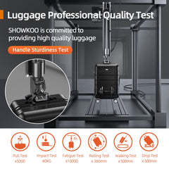 28 inch spinner suitcase undergoing professional handle sturdiness test by SHOWKOO in luggage quality testing machine