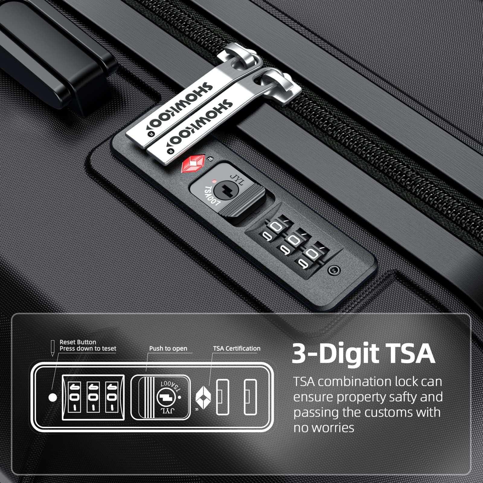 Black suitcase front zipper track with TSA lock and 3-digit combination dial