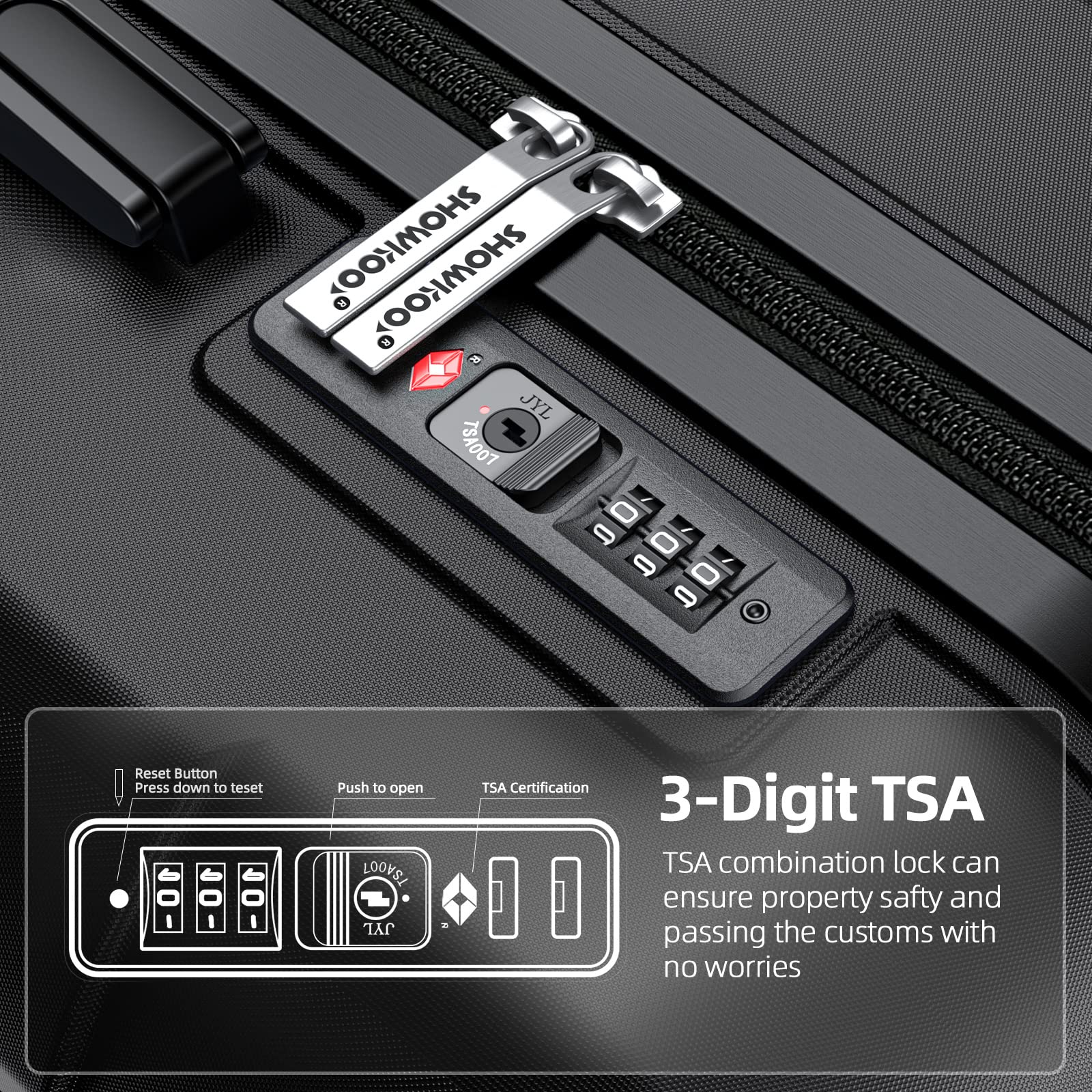 Close-up of a 28 inch spinner suitcase TSA combination lock with 3-digit code and SHOWKOO branding