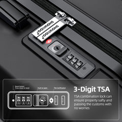 Close-up of a 28 inch spinner suitcase TSA combination lock with 3-digit code and SHOWKOO branding