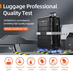 28 inch spinner suitcase in black undergoing wheels sturdiness test by SHOWKOO Store with impact and rolling tests