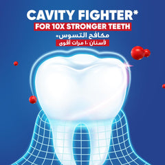 Signal image of a glowing tooth with Cavity Fighter headline promoting fluoride toothpaste for strong teeth on blue background