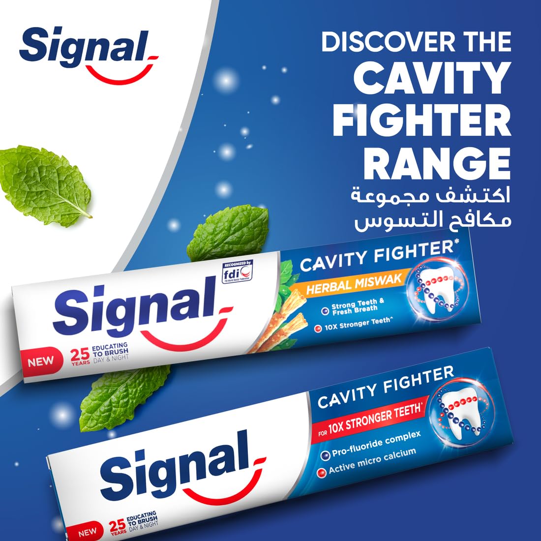 Signal Cavity Fighter toothpaste packaging with Herbal Miswak and mint leaves fluoride toothpaste for strong teeth