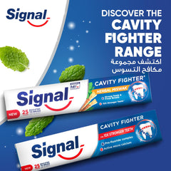 Signal Cavity Fighter toothpaste packaging with Herbal Miswak and mint leaves fluoride toothpaste for strong teeth
