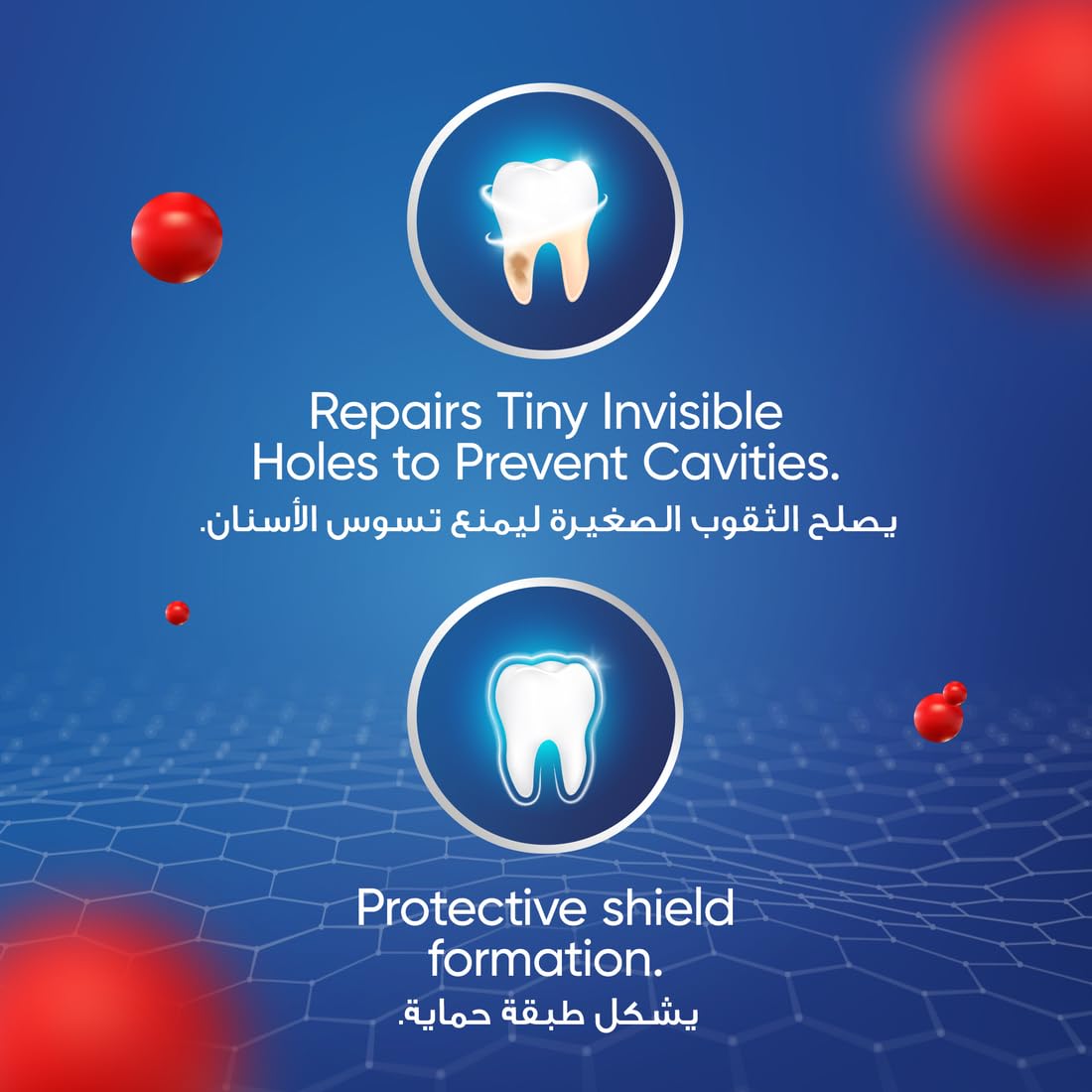 Signal graphic with glowing tooth icons and text about repairing tiny holes and shield fluoride toothpaste for strong teeth