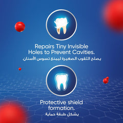 Signal fluoride toothpaste for strong teeth ad showing glowing tooth repair icons and protective shield