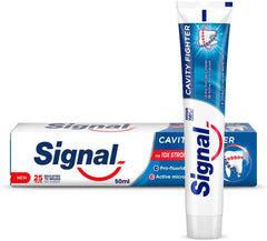 Signal Cavity Fighter toothpaste tube and box blue packaging 50ml fluoride toothpaste for strong teeth and cavity defense