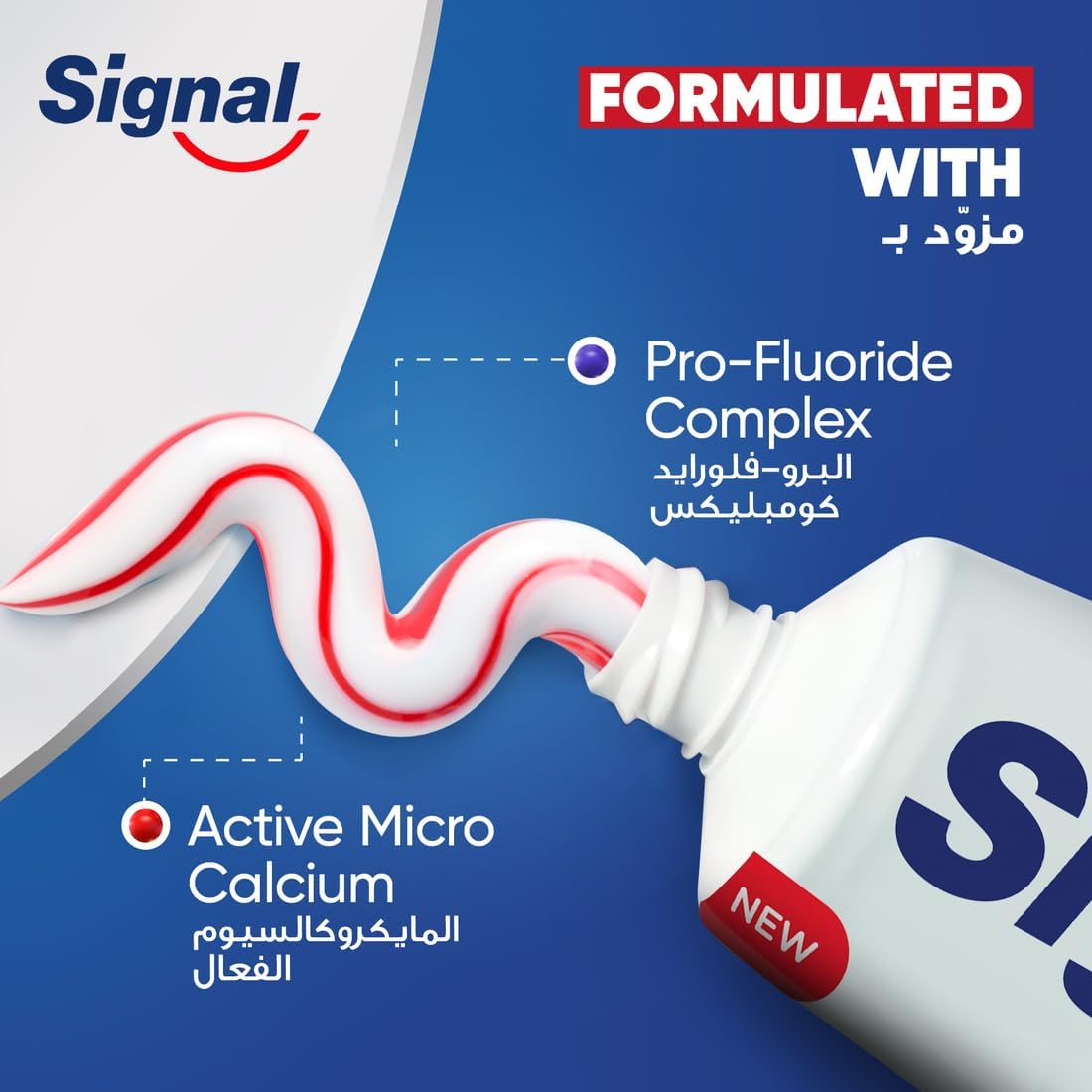 Signal tube with red and white striped paste and Pro Fluoride Complex Active Micro Calcium fluoride toothpaste for strong teeth
