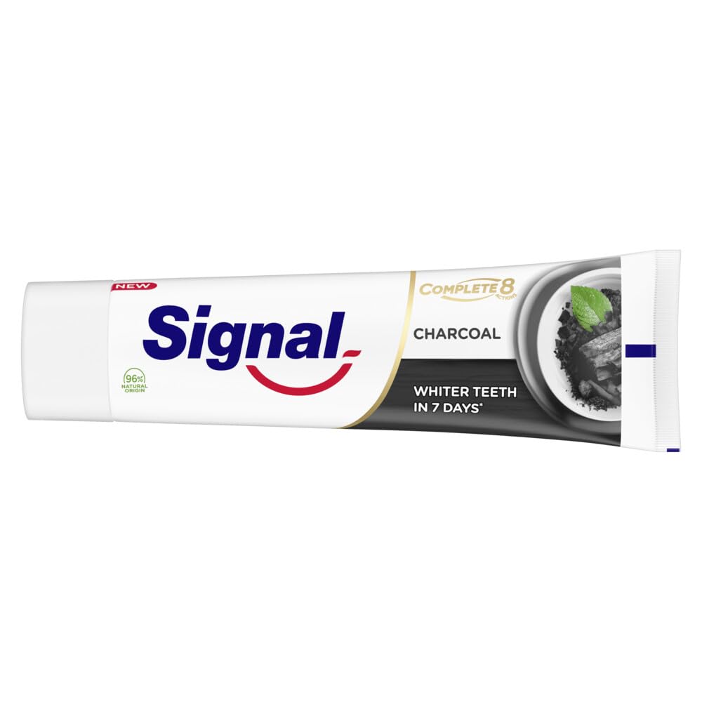 Signal Complete 8 Nature Elements toothpaste charcoal tube showing mint leaf and charcoal image for whitening