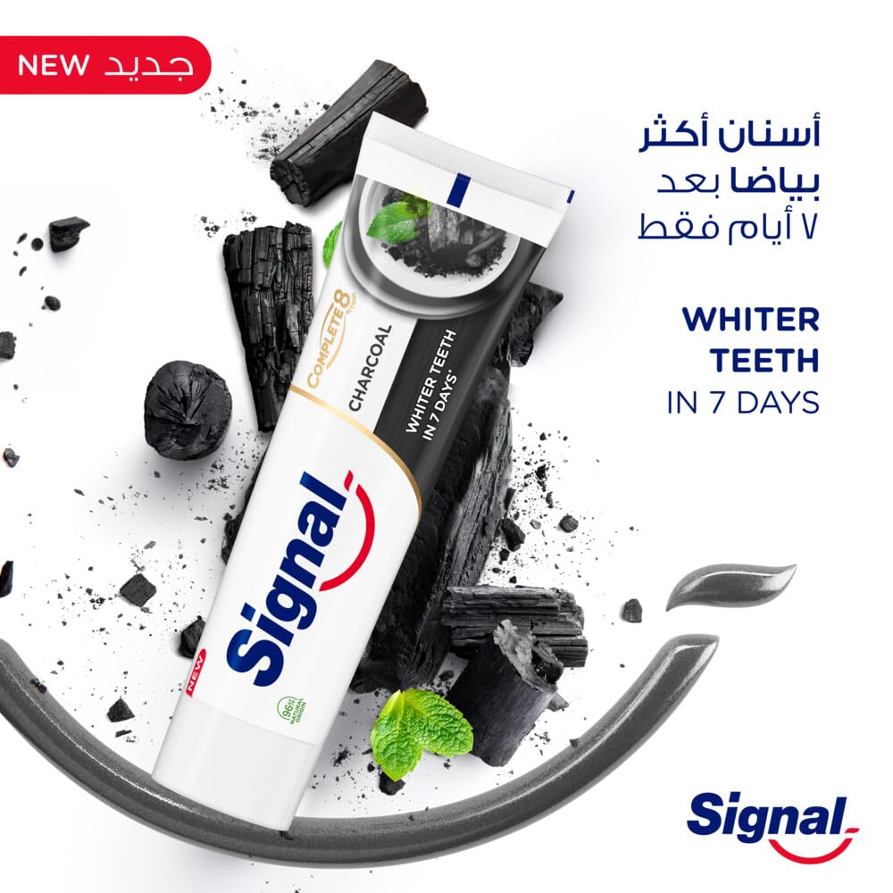 Signal Complete 8 Nature Elements toothpaste charcoal mint tube on charcoal pieces promising whiter teeth in 7 days