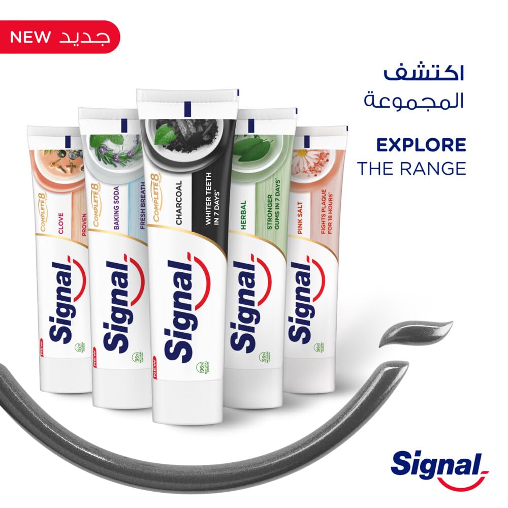 Display of five Signal toothpaste tubes with charcoal smear showcasing Signal Complete 8 Nature Elements toothpaste range