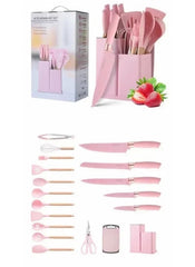 Huitich 19 piece kitchen tool set UAE in pink with knives, utensils, scissors, and storage stand for home and kitchen essentials