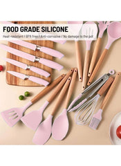 Huitich 19 piece kitchen tool set UAE with pink silicone heads and wooden handles for home cooking