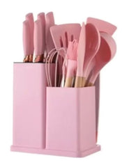 Huitich 19 piece kitchen tool set UAE in pink with knives, spatulas, and cooking utensils in storage block