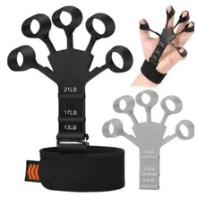 Black silicone hand grip exerciser with finger loops and wrist strap, compact set