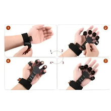 Black silicone hand grip exerciser on wrist strap showing multiple hand positions