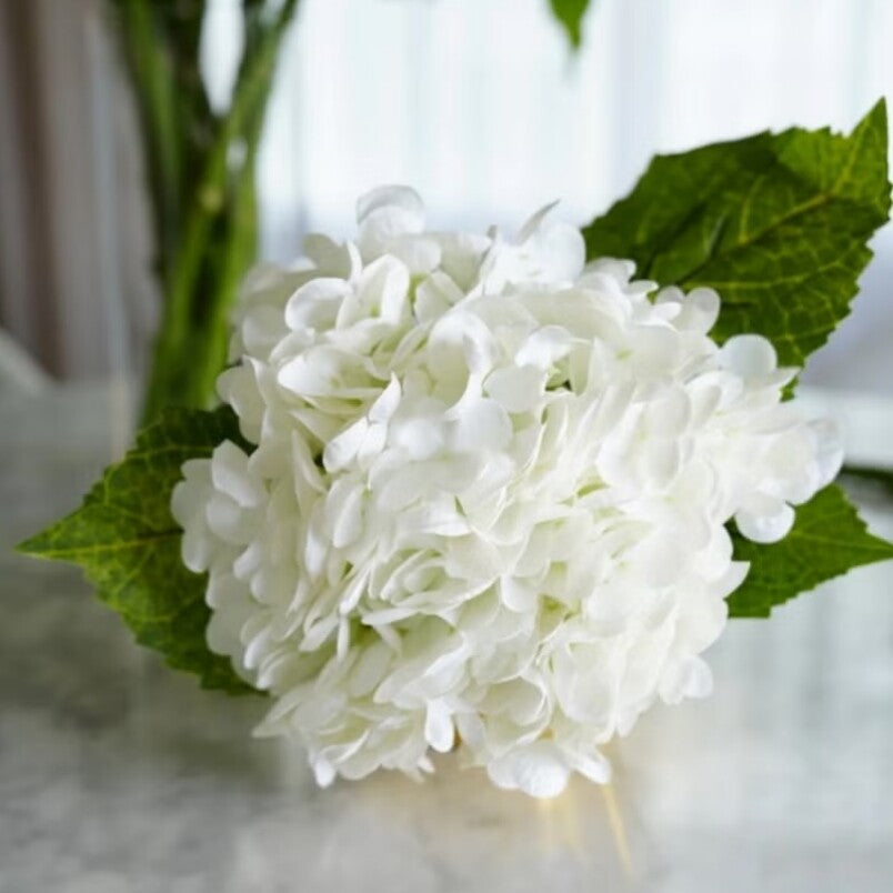 Huitich silk artificial hydrangea flowers bouquet with white petals and green leaves