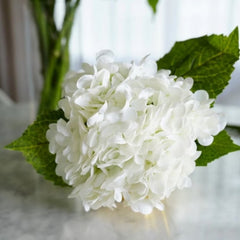 Huitich silk artificial hydrangea flowers bouquet with white petals and green leaves